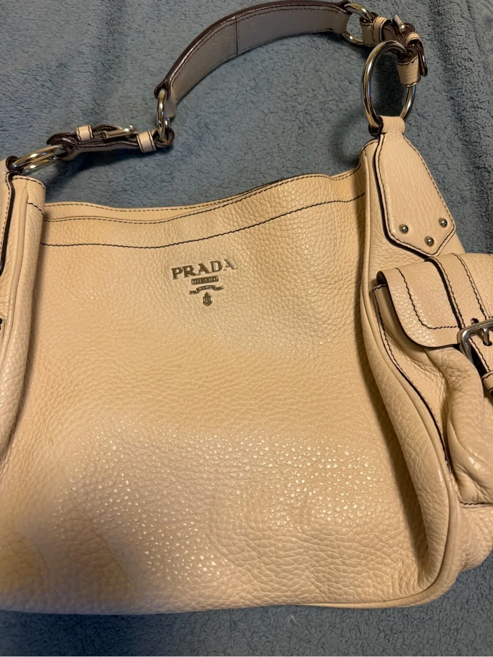 Prada Cream Pebbled Leather Shoulder Bag,Authentic